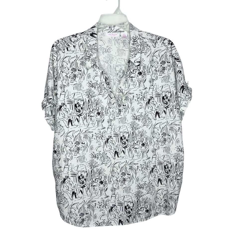 Isaac Mizrahi Womens 2X White Black Cafe Sketch Print Linen Blend Pullover Top
